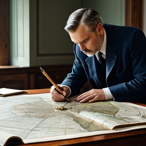 Home 21 A focused professional male strategist, dressed in modest, practical professional attire, meticulously studying an intricate map unrolled on a grand, antique wooden table in a well-appointed, softly lit study. Surrounding the map are various tools of navigation and knowledge: a gleaming compass, meticulously kept notebooks, and historical documents. The subject exhibits perfect anatomy, correct proportions, and a natural, contemplative pose, with well-formed hands and proper finger count. The scene is captured with professional photography, showcasing high quality and detailed realism. This image is safe for work, appropriate content, fully clothed, and represents a professional approach to planning.