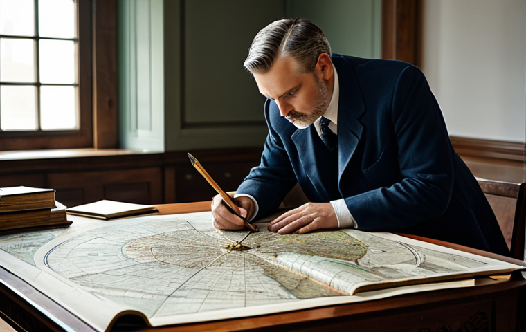 A focused professional male strategist, dressed in modest, practical professional attire, meticulously studying an intricate map unrolled on a grand, antique wooden table in a well-appointed, softly lit study. Surrounding the map are various tools of navigation and knowledge: a gleaming compass, meticulously kept notebooks, and historical documents. The subject exhibits perfect anatomy, correct proportions, and a natural, contemplative pose, with well-formed hands and proper finger count. The scene is captured with professional photography, showcasing high quality and detailed realism. This image is safe for work, appropriate content, fully clothed, and represents a professional approach to planning.