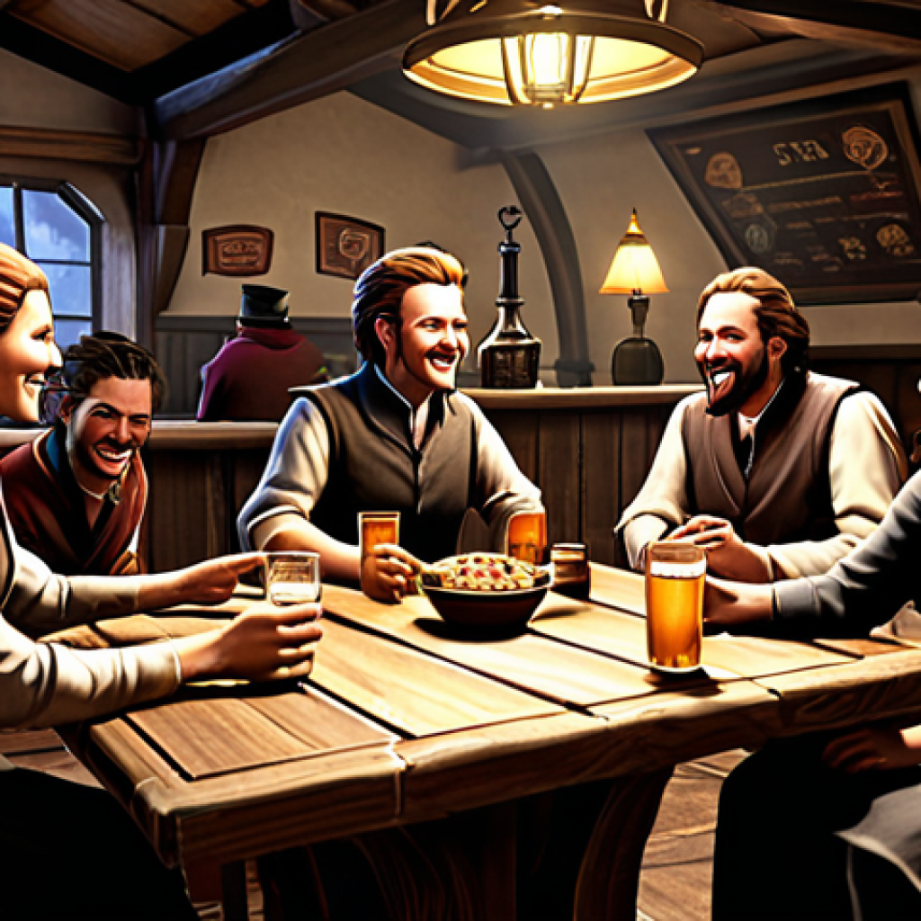 Clan Gathering in a Virtual Tavern**

"A group of fully clothed players, diverse in character design but all in modest, fantasy-themed attire, gathered around a large wooden table in a bustling virtual tavern.  Laughter and conversation fill the air.  Several are trading items. Background details include:  fireplaces, banners displaying clan emblems, and waitresses (also fully clothed and appropriately dressed) serving drinks. Perfect anatomy, correct proportions, natural pose, well-formed hands, proper finger count.  Safe for work, appropriate content, professional, family-friendly."

**