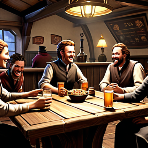 Home 20 Clan Gathering in a Virtual Tavern**
"A group of fully clothed players, diverse in character design but all in modest, fantasy-themed attire, gathered around a large wooden table in a bustling virtual tavern. Laughter and conversation fill the air. Several are trading items. Background details include: fireplaces, banners displaying clan emblems, and waitresses (also fully clothed and appropriately dressed) serving drinks. Perfect anatomy, correct proportions, natural pose, well-formed hands, proper finger count. Safe for work, appropriate content, professional, family-friendly."
**