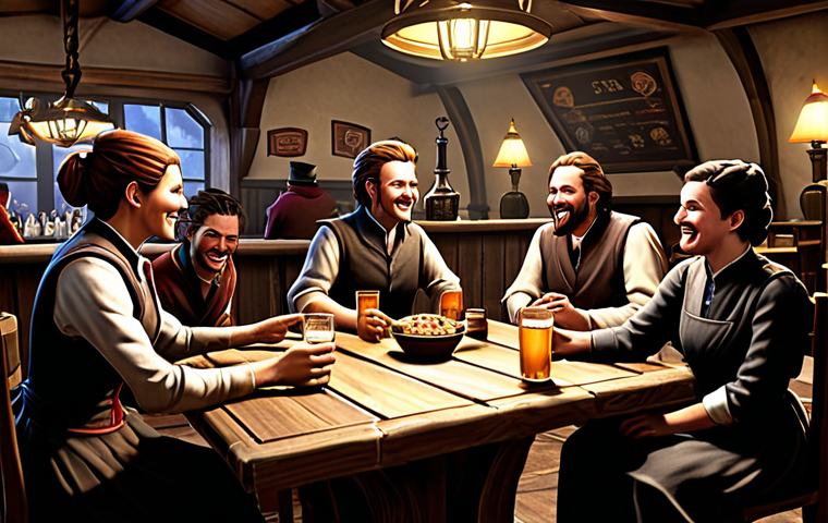 Clan Gathering in a Virtual Tavern**

"A group of fully clothed players, diverse in character design but all in modest, fantasy-themed attire, gathered around a large wooden table in a bustling virtual tavern.  Laughter and conversation fill the air.  Several are trading items. Background details include:  fireplaces, banners displaying clan emblems, and waitresses (also fully clothed and appropriately dressed) serving drinks. Perfect anatomy, correct proportions, natural pose, well-formed hands, proper finger count.  Safe for work, appropriate content, professional, family-friendly."

**
