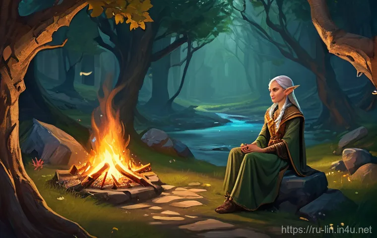 리니지 MMORPG 장단점 - A nostalgic depiction of a female Elven Mystic, garbed in classic, modest fantasy robes and function...