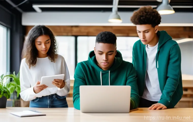 리니지 아이템 거래 주의사항 - **Prompt 1: Collaborative Learning in a Modern Setting**
A diverse group of five young adults an...