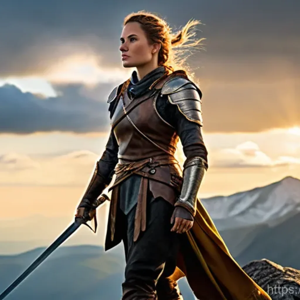 리니지 고급 사냥터 정리 - A determined female fantasy adventurer, clad in full, practical, and modest leather armor over a tun...