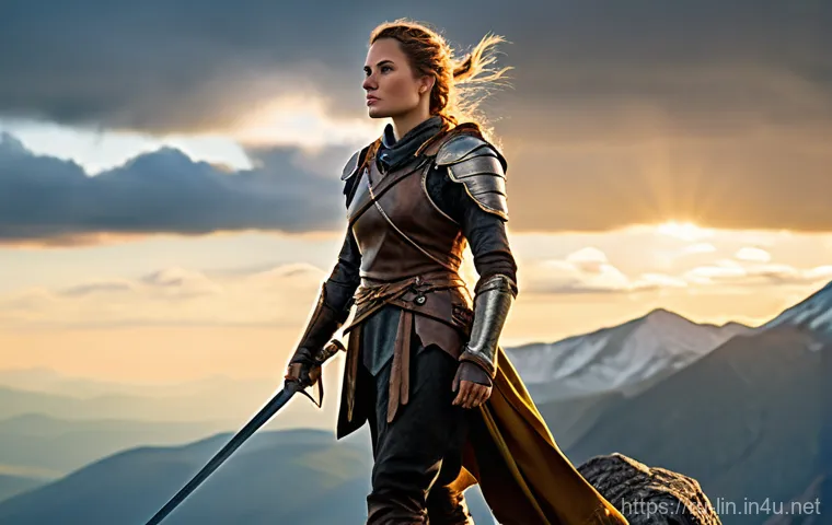 리니지 고급 사냥터 정리 - A determined female fantasy adventurer, clad in full, practical, and modest leather armor over a tun...