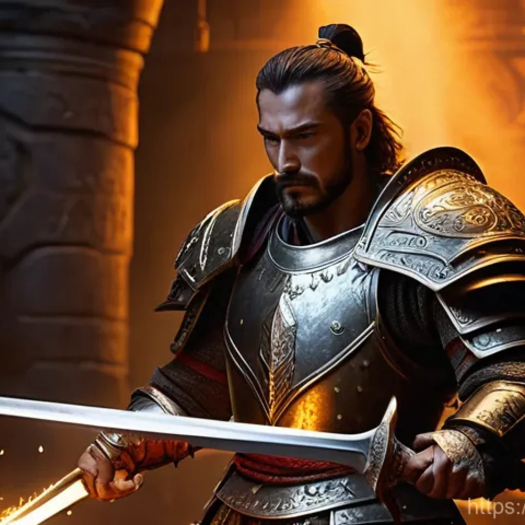 리니지 고급 장비 사용법 - **The Ritual of Enchantment:**
    A highly detailed, heroic male warrior, fully clad in intricate R...