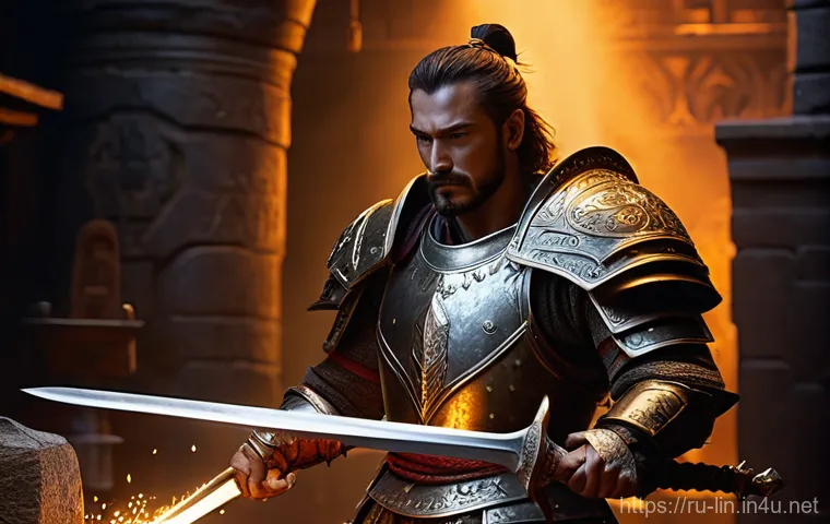 리니지 고급 장비 사용법 - **The Ritual of Enchantment:**
A highly detailed, heroic male warrior, fully clad in intricate R...