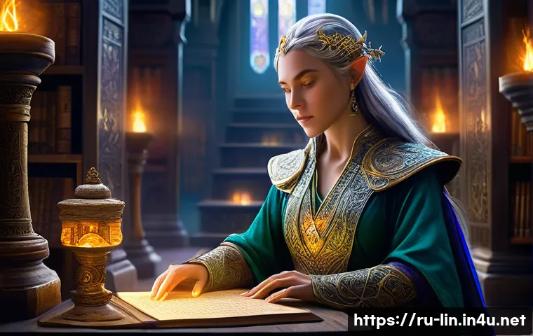 리니지 PVP 전략 가이드 - **Prompt:** A powerful female elven mage, fully clothed in intricate, flowing arcane robes adorned w...